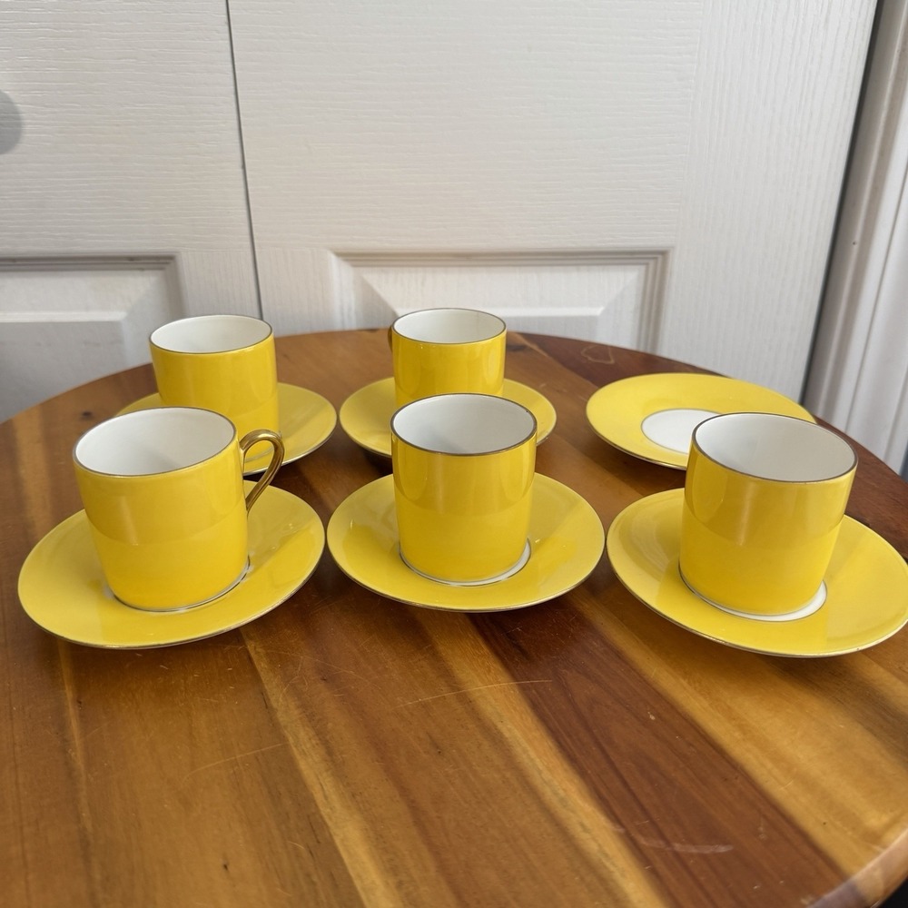 Czech Victoria Yellow Porcelain Demitasse Espresso 5 Cups 6 Saucers Vintage